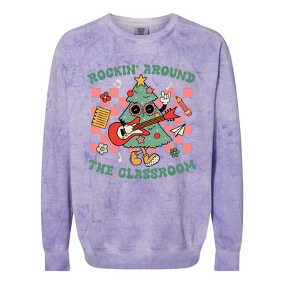 Retro Groovy Teacher Christmas Rockin' Around The Classroom  Colorblast Crewneck Sweatshirt