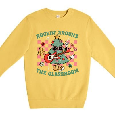 Retro Groovy Teacher Christmas Rockin' Around The Classroom  Premium Crewneck Sweatshirt