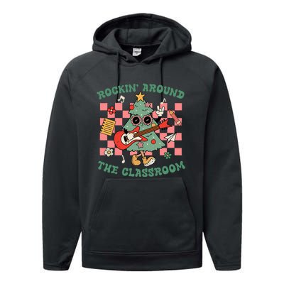 Retro Groovy Teacher Christmas Rockin' Around The Classroom  Performance Fleece Hoodie