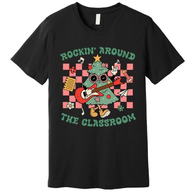 Retro Groovy Teacher Christmas Rockin' Around The Classroom  Premium T-Shirt