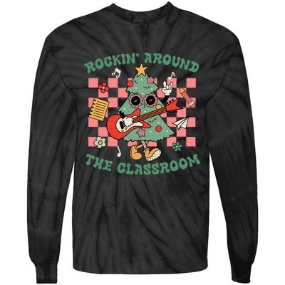 Retro Groovy Teacher Christmas Rockin' Around The Classroom  Tie-Dye Long Sleeve Shirt