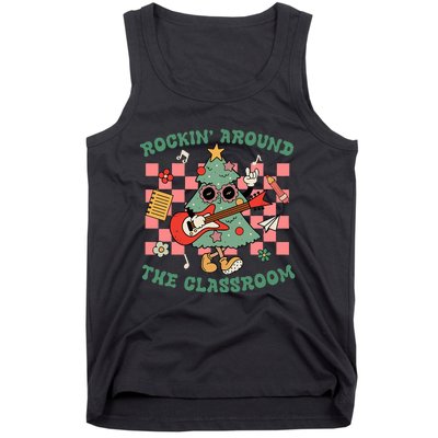 Retro Groovy Teacher Christmas Rockin' Around The Classroom  Tank Top