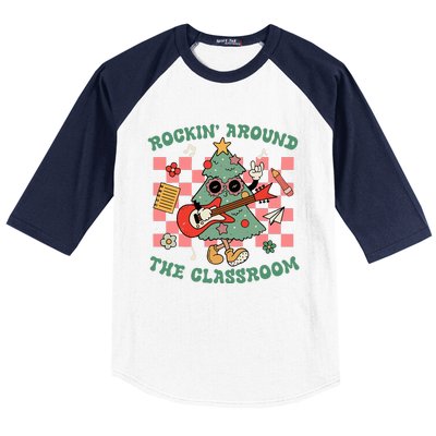 Retro Groovy Teacher Christmas Rockin' Around The Classroom  Baseball Sleeve Shirt