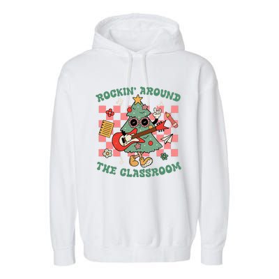 Retro Groovy Teacher Christmas Rockin' Around The Classroom  Garment-Dyed Fleece Hoodie