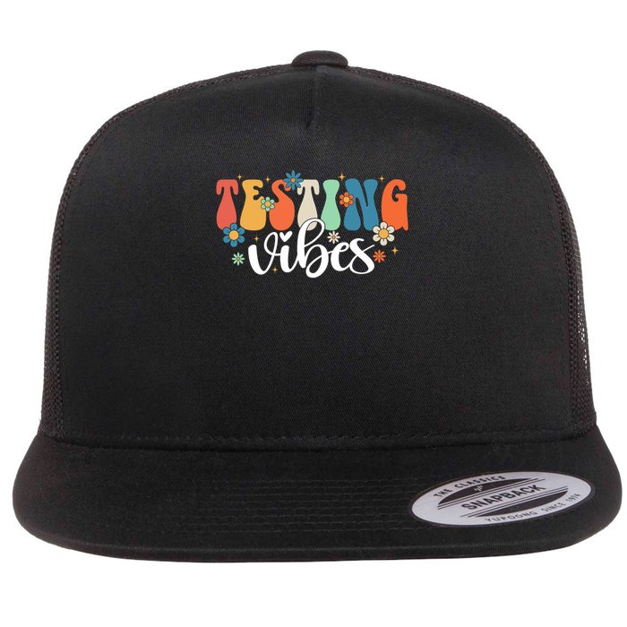 Retro Groovy Testing Vibes Rock The Test Testing Day Teacher Student Flat Bill Trucker Hat