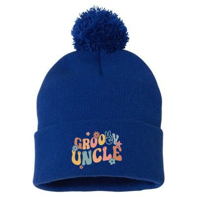 Retro Groovy Uncle Flower Power Hippie Family Groovy Vibes Gift Pom Pom 12in Knit Beanie