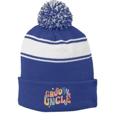 Retro Groovy Uncle Flower Power Hippie Family Groovy Vibes Gift Stripe Pom Pom Beanie