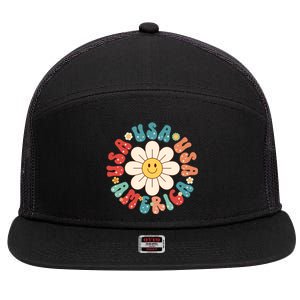 Retro Groovy Usa America Hippie Flower Patriotic Cute Gift 7 Panel Mesh Trucker Snapback Hat