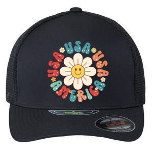 Retro Groovy Usa America Hippie Flower Patriotic Cute Gift Flexfit Unipanel Trucker Cap