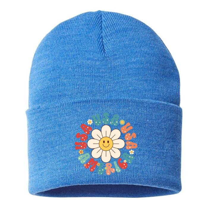 Retro Groovy Usa America Hippie Flower Patriotic Cute Gift Sustainable Knit Beanie