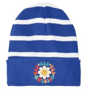 Retro Groovy Usa America Hippie Flower Patriotic Cute Gift Striped Beanie with Solid Band