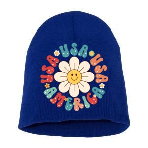 Retro Groovy Usa America Hippie Flower Patriotic Cute Gift Short Acrylic Beanie