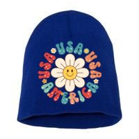 Retro Groovy Usa America Hippie Flower Patriotic Cute Gift Short Acrylic Beanie