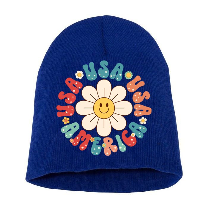 Retro Groovy Usa America Hippie Flower Patriotic Cute Gift Short Acrylic Beanie