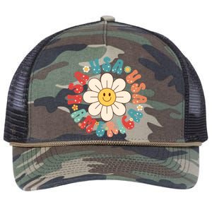 Retro Groovy Usa America Hippie Flower Patriotic Cute Gift Retro Rope Trucker Hat Cap