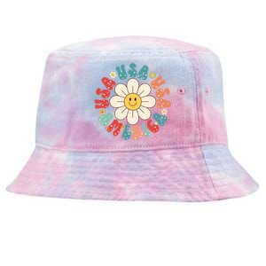 Retro Groovy Usa America Hippie Flower Patriotic Cute Gift Tie-Dyed Bucket Hat