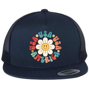 Retro Groovy Usa America Hippie Flower Patriotic Cute Gift Flat Bill Trucker Hat