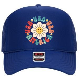 Retro Groovy Usa America Hippie Flower Patriotic Cute Gift High Crown Mesh Back Trucker Hat