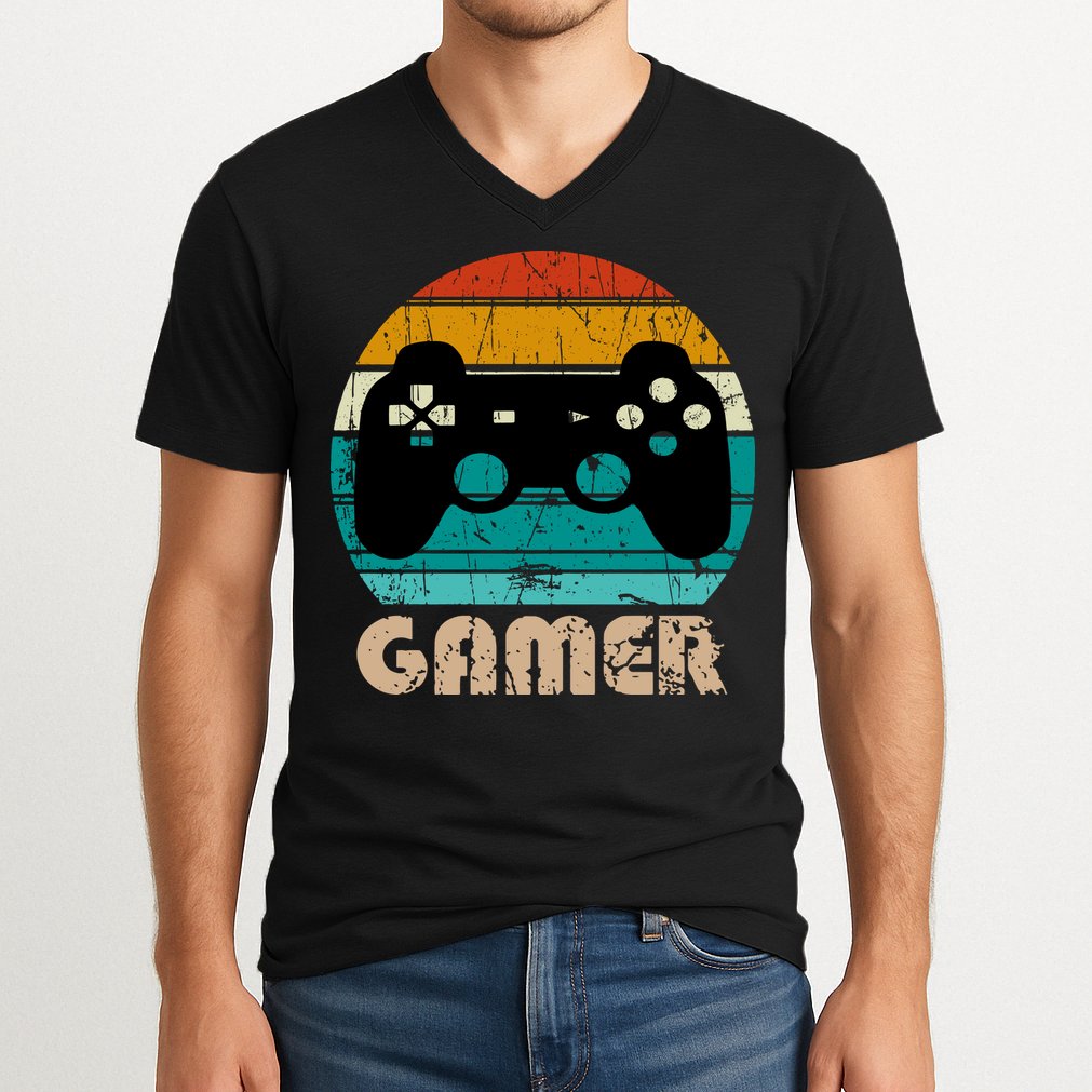 Retro Gamer Video Games Player Gaming Boys Teens Men V-Neck T-Shirt