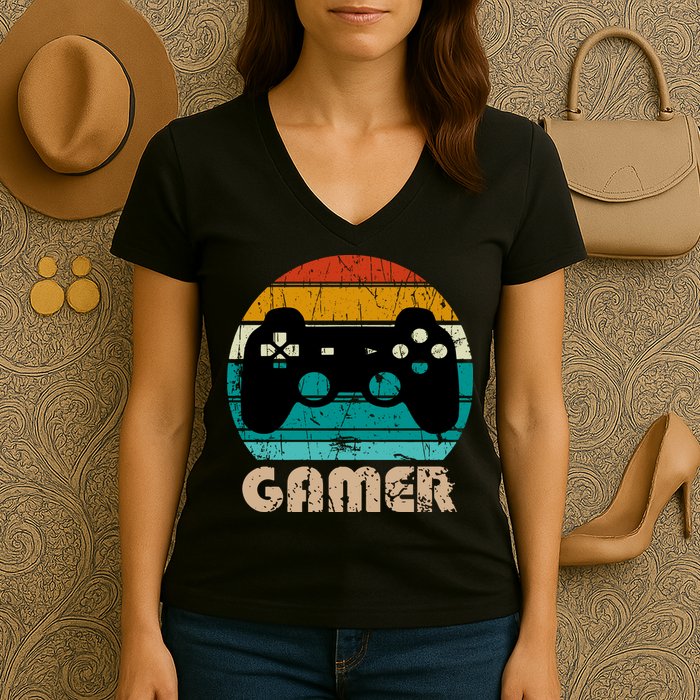 Retro Gamer Video Games Player Gaming Boys Teens Men Women's V-Neck T-Shirt