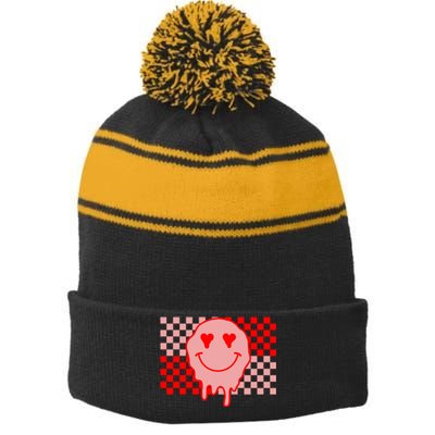 Retro Groovy Valentines Day Hippie Smile Stripe Pom Pom Beanie