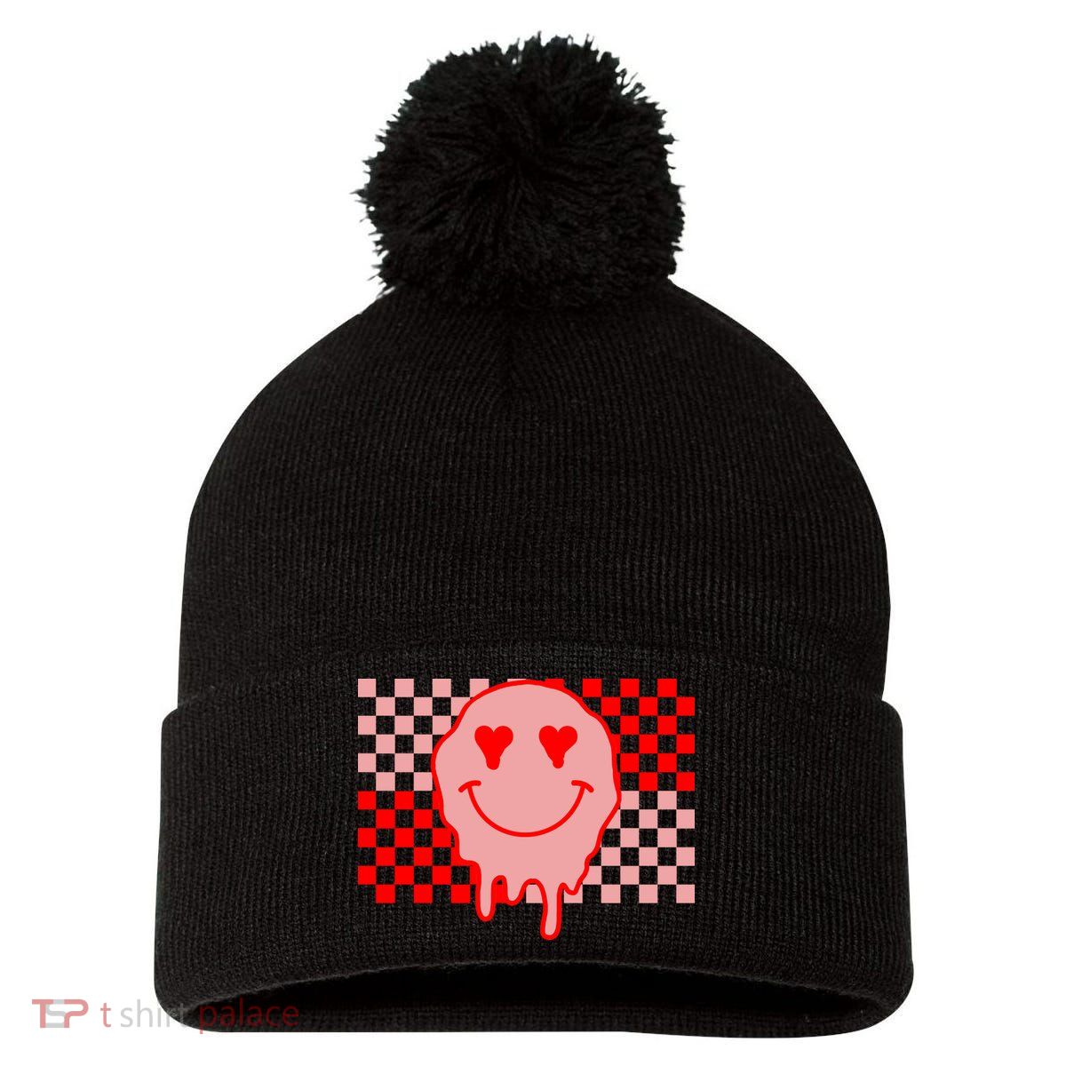 Retro Groovy Valentines Day Hippie Smile Pom Pom 12in Knit Beanie