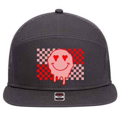 Retro Groovy Valentines Day Hippie Smile 7 Panel Mesh Trucker Snapback Hat