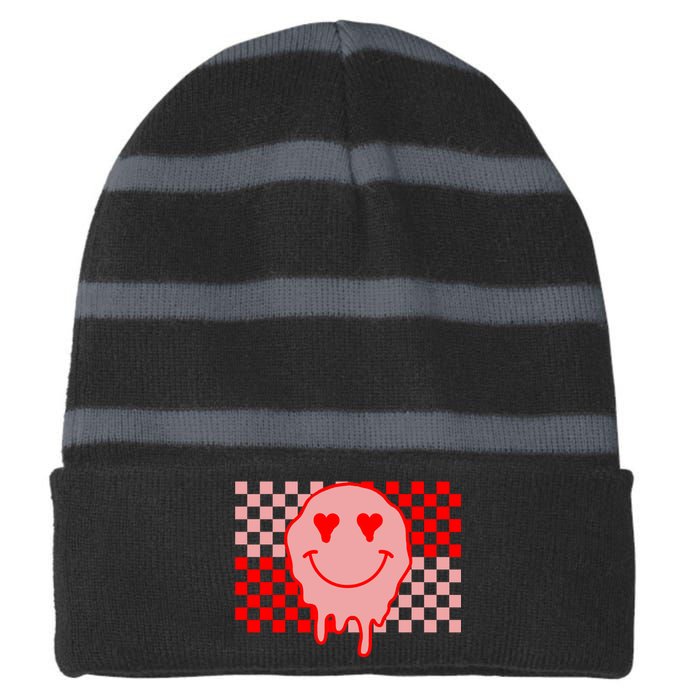 Retro Groovy Valentines Day Hippie Smile Striped Beanie with Solid Band