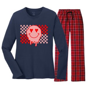 Retro Groovy Valentines Day Hippie Smile Women's Long Sleeve Flannel Pajama Set 