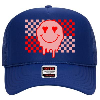 Retro Groovy Valentines Day Hippie Smile High Crown Mesh Back Trucker Hat