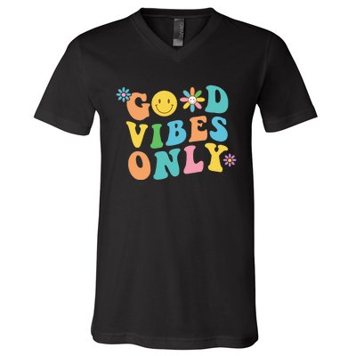 Retro Good Vibes Only Inspirational Positive Inspired V-Neck T-Shirt