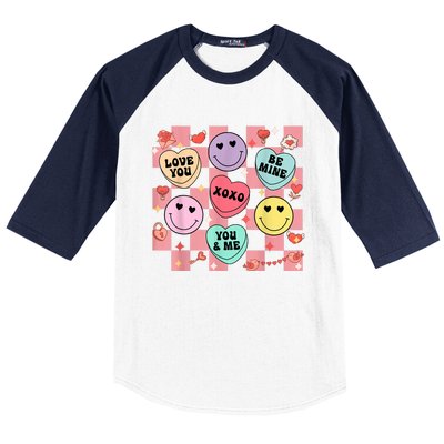 Retro Groovy Valentines Smile Candy Heart Happy Face Baseball Sleeve Shirt