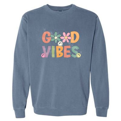 Retro Good Vibes Groovy Smiley Face Garment-Dyed Sweatshirt