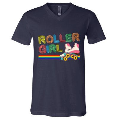 Roller Girl Vintage Seventies 70's Cool Retro Skates Skating V-Neck T-Shirt