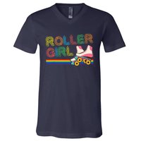 Roller Girl Vintage Seventies 70's Cool Retro Skates Skating V-Neck T-Shirt