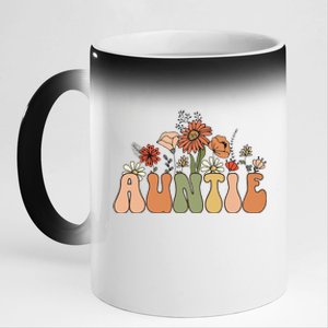 Retro Groovy Wildflowers Auntie Aunt Pregnancy Announcement 11oz Black Color Changing Mug