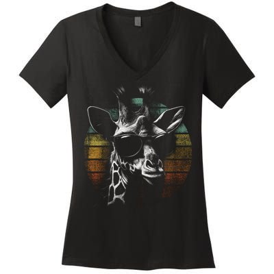 Retro Giraffe Wearing Sun Glasses Women's V-Neck T-Shirt