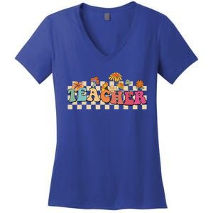 Retro Groovy Wildflower Teacher Inspirational Appreciation Cool Gift Women's V-Neck T-Shirt