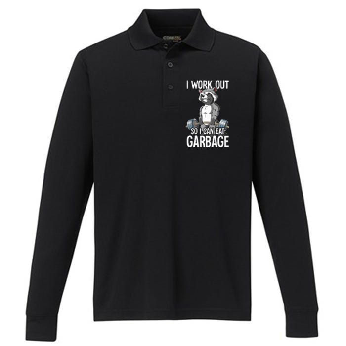 Raccoon Gym Weight Training I Work Out So I Can Eat Garbage Performance Long Sleeve Polo