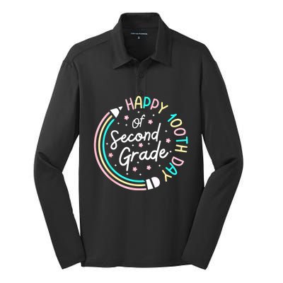 Retro Happy 100th Day 2nd Grade 100 Days Of School Teacher Silk Touch Performance Long Sleeve Polo