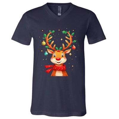 Reindeer Holly Antlers Christmas V-Neck T-Shirt