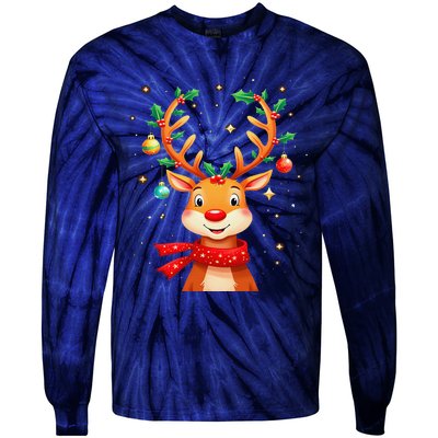 Reindeer Holly Antlers Christmas Tie-Dye Long Sleeve Shirt