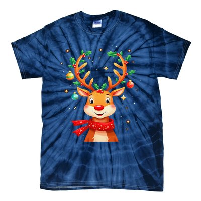 Reindeer Holly Antlers Christmas Tie-Dye T-Shirt