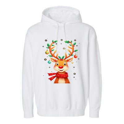 Reindeer Holly Antlers Christmas Garment-Dyed Fleece Hoodie