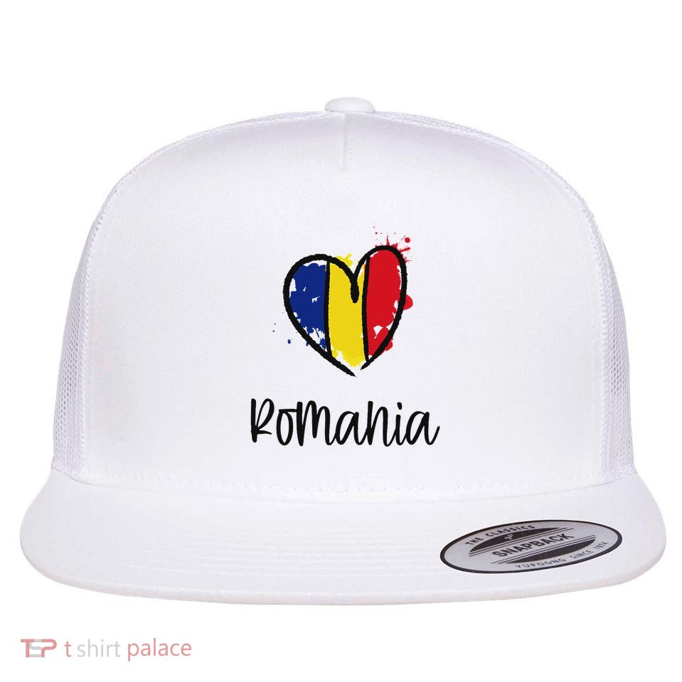 Romania Heart Art Flag Cute Europe Minimal Romanian Gift Flat Bill Trucker Hat