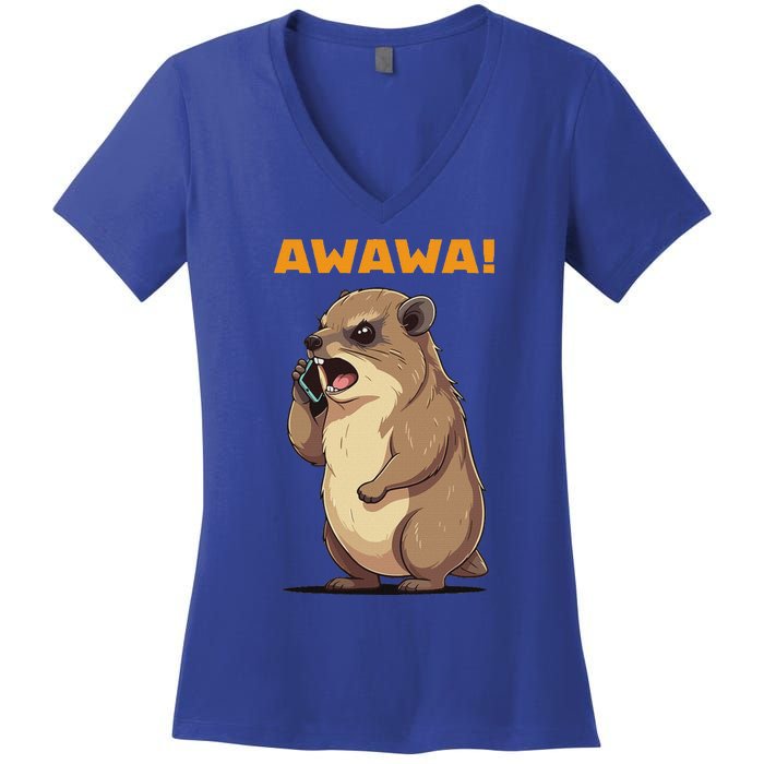 Rock Hyrax Awawa Angry Phonecall Women's V-Neck T-Shirt