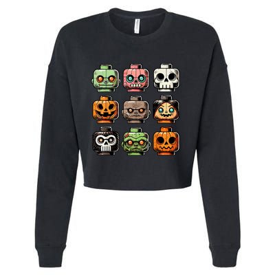 Retro Horror Bricks Head Scary Halloween Mask Cropped Pullover Crew