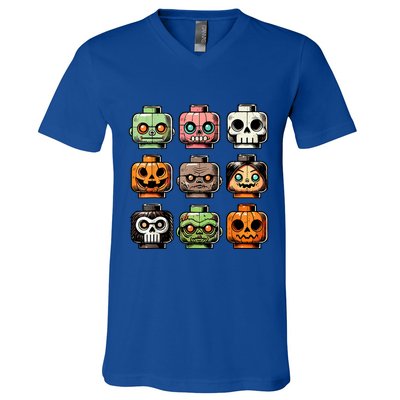 Retro Horror Bricks Head Scary Halloween Mask V-Neck T-Shirt