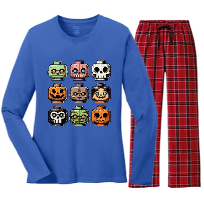 Retro Horror Bricks Head Scary Halloween Mask Women's Long Sleeve Flannel Pajama Set 