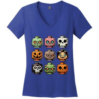 Retro Horror Bricks Head Scary Halloween Mask Women's V-Neck T-Shirt